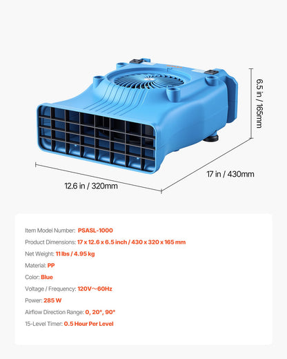 VEVOR Blower Fan, Low Profile Air Mover Carpet Dryer, 1000 CFM, 2 Speeds, Multi-Angle Airflow, Lightweight Portable for Crawlspaces, Attics, Basements, Bathrooms, Water Damage Restoration, Blue - DMGFJWS900CFGFM1U001V1 - view 8