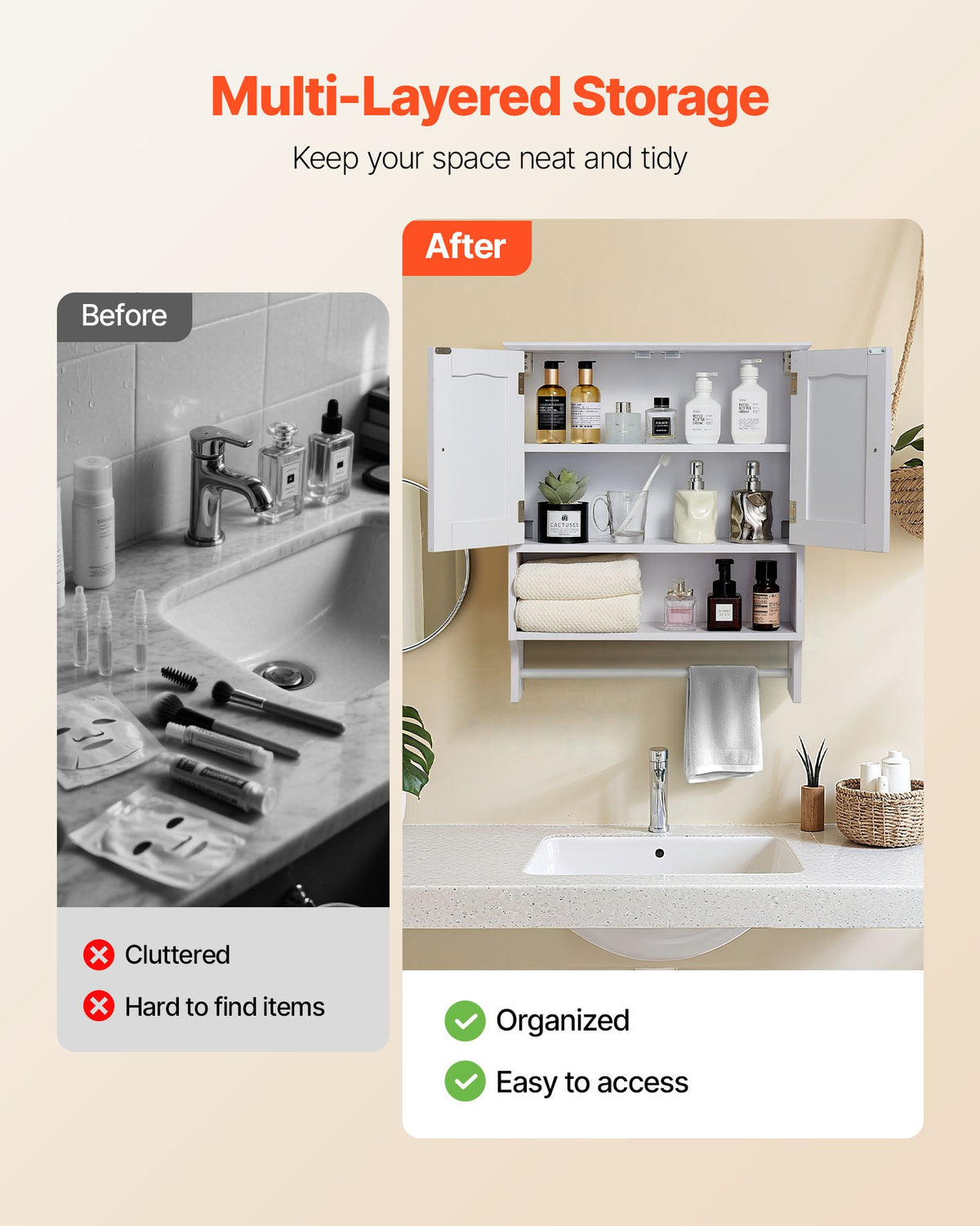 VEVOR White Bathroom Wall Cabinet with Shelf and Towel Bar