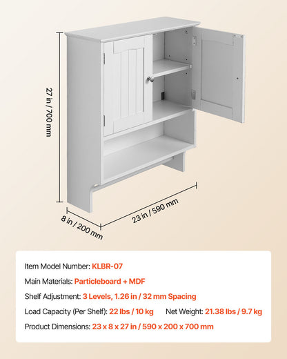 VEVOR White Bathroom Wall Cabinet with Shelf and Towel Bar