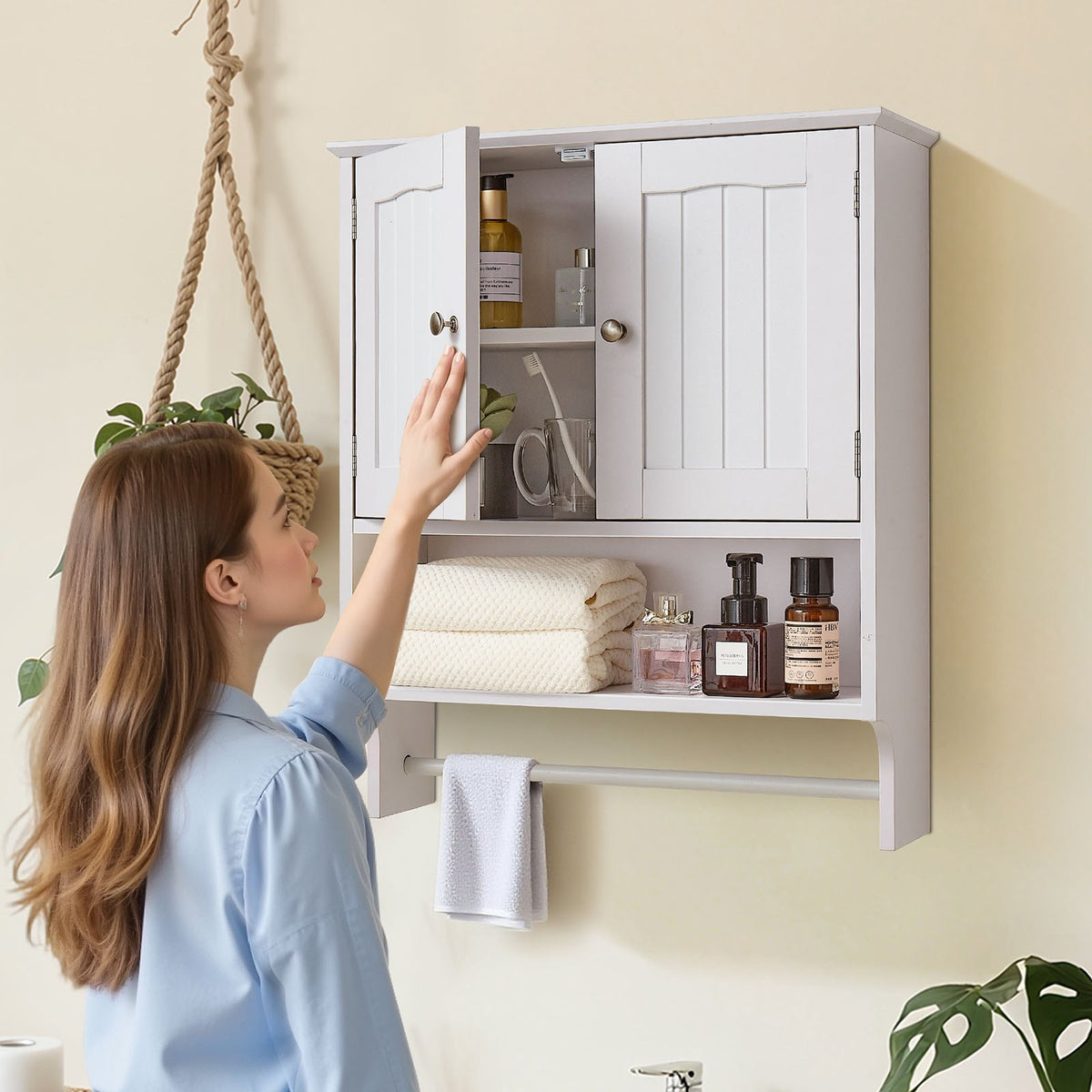 VEVOR White Bathroom Wall Cabinet with Shelf and Towel Bar