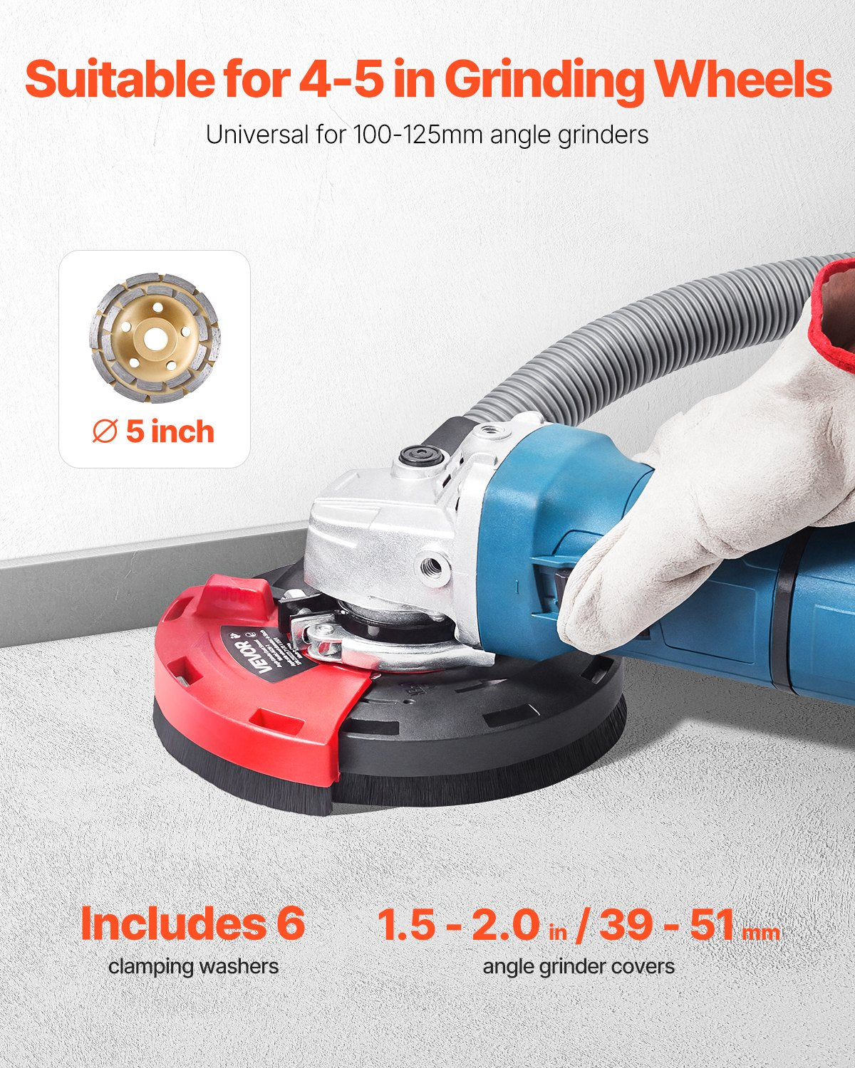 VEVOR Grinding Dust Shroud for Angle Grinder, Universal 4-5 in, Surface Grinder Dust Shroud with 6 Clamping Washers & 5 in Diamond Grinding Cup Wheel, Connect to Vacuum Cleaner, for Wood Concrete Wall - DMKFCZDMKBTM2BN0S001V0 - view 3