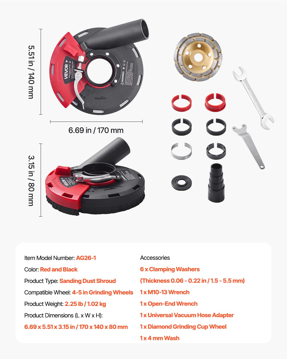 VEVOR Grinding Dust Shroud for Angle Grinder, Universal 4-5 in, Surface Grinder Dust Shroud with 6 Clamping Washers & 5 in Diamond Grinding Cup Wheel, Connect to Vacuum Cleaner, for Wood Concrete Wall - DMKFCZDMKBTM2BN0S001V0 - view 8