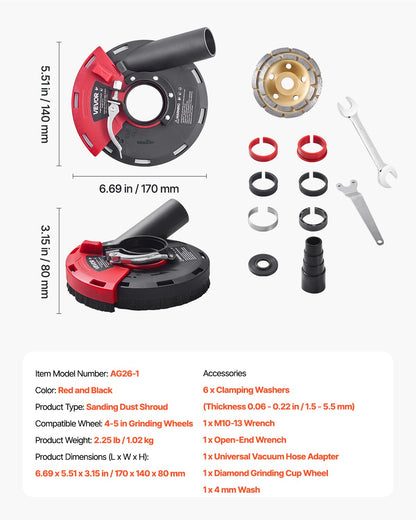 VEVOR Grinding Dust Shroud for Angle Grinder, Universal 4-5 in, Surface Grinder Dust Shroud with 6 Clamping Washers & 5 in Diamond Grinding Cup Wheel, Connect to Vacuum Cleaner, for Wood Concrete Wall - DMKFCZDMKBTM2BN0S001V0 - view 8