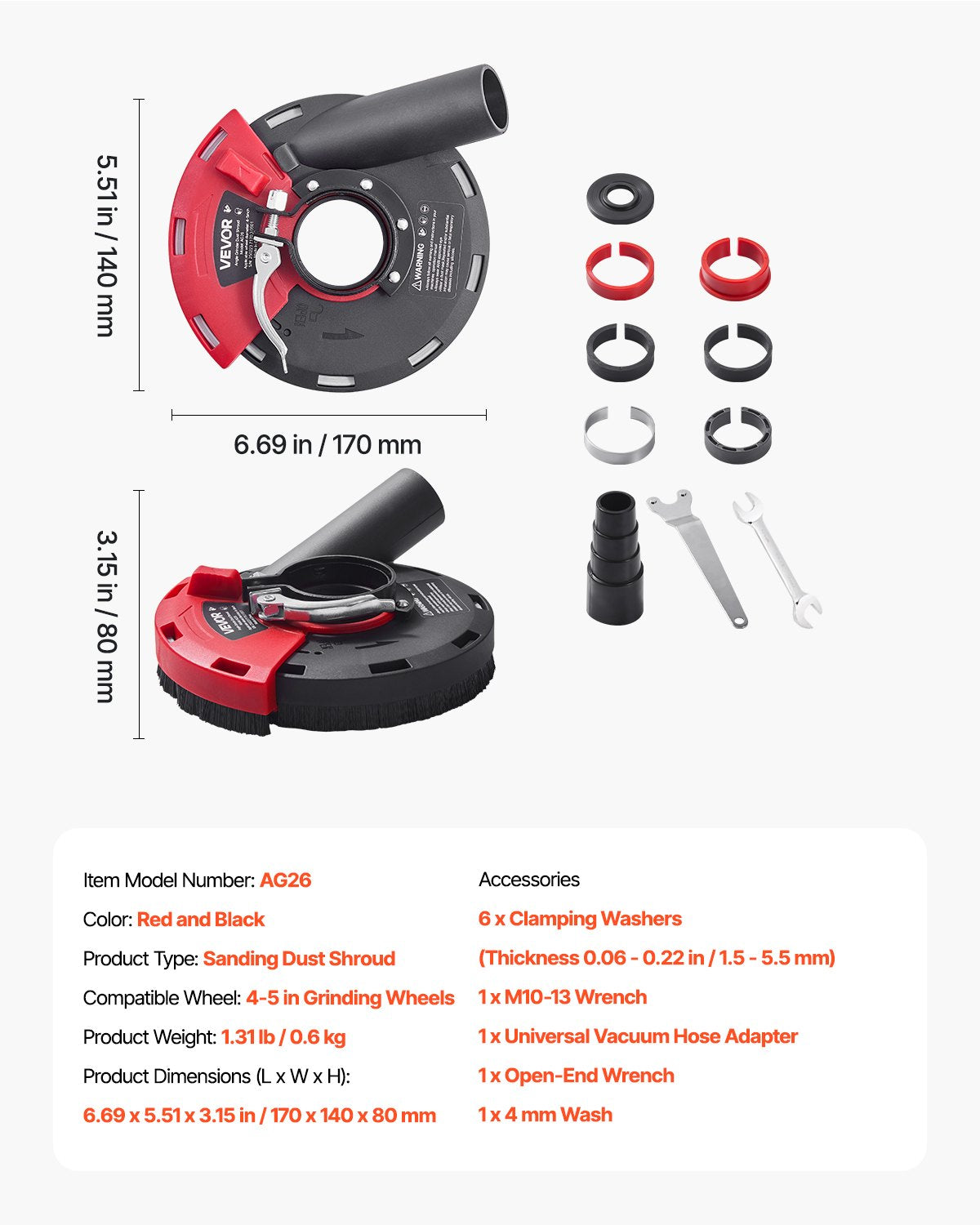 VEVOR Grinding Dust Shroud for Angle Grinder, Universal 4-5 in, Surface Grinder Dust Shroud with 6 Clamping Washers, Connect to Vacuum Cleaner, Suitable for Grinding Wood Concrete Wall Stone - DMKFCZDMKBTMFH5K1001V0 - view 8