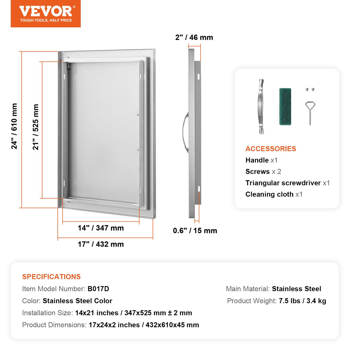VEVOR BBQ Access Door, 17W x 24H Inch Single Outdoor Kitchen Door, Stainless Steel Flush Mount Door, Wall Vertical Door with Handle, for BBQ Island, Grilling Station, Outside Cabinet - DMMBSCJMYS174RNRPV0 - view 8