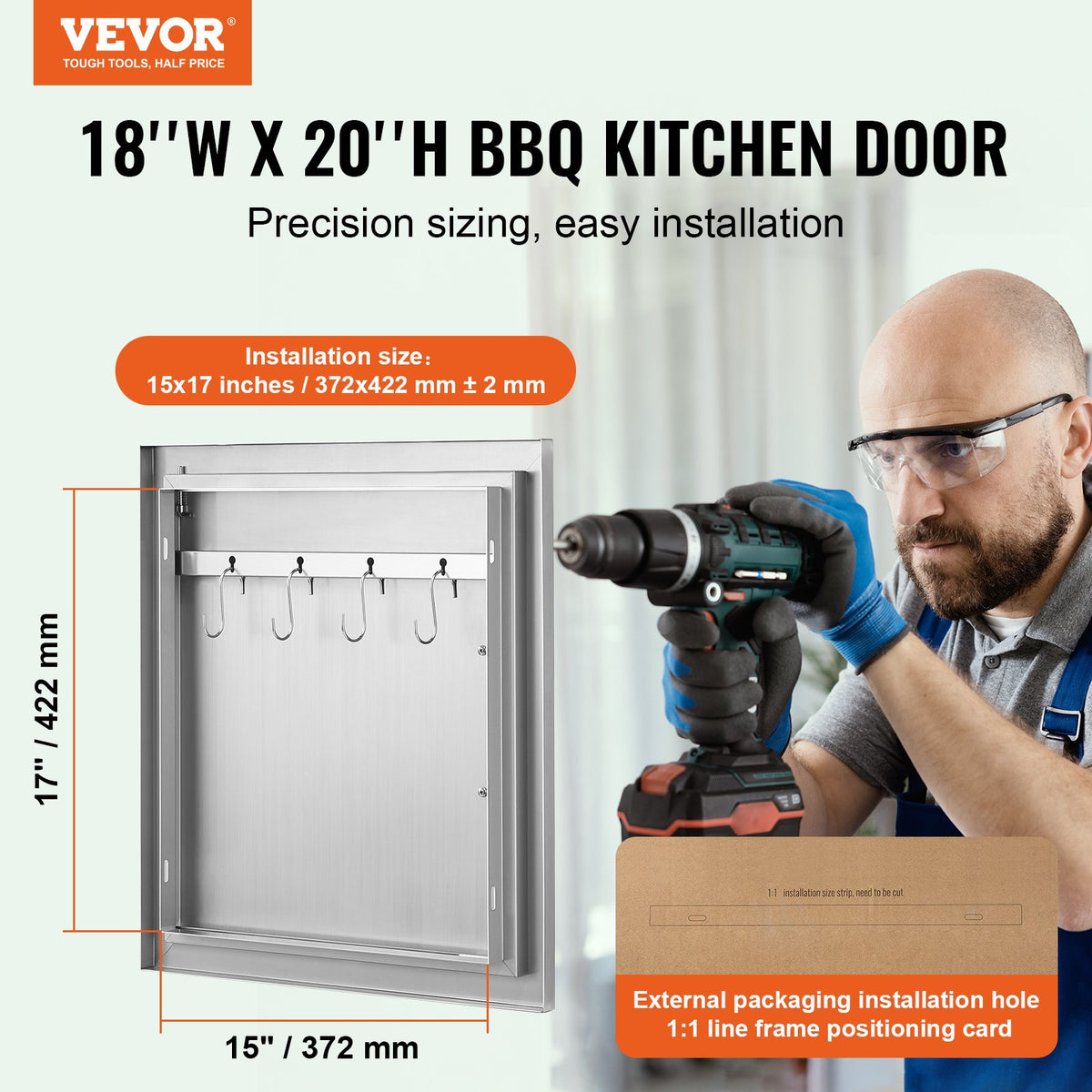 VEVOR BBQ Access Door, 18W x 20H Inch Single Outdoor Kitchen Door, Stainless Steel Flush Mount Door, Wall Vertical Door with Handle and Hook, for BBQ Island, Grilling Station, Outside Cabinet - DMMBSCJMYS18Q96CIV0 - view 3
