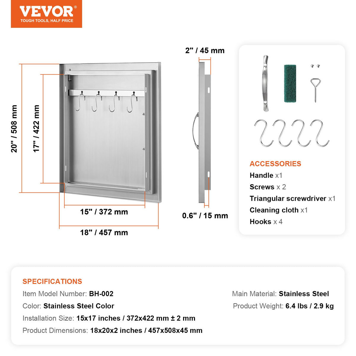 VEVOR BBQ Access Door, 18W x 20H Inch Single Outdoor Kitchen Door, Stainless Steel Flush Mount Door, Wall Vertical Door with Handle and Hook, for BBQ Island, Grilling Station, Outside Cabinet - DMMBSCJMYS18Q96CIV0 - view 8