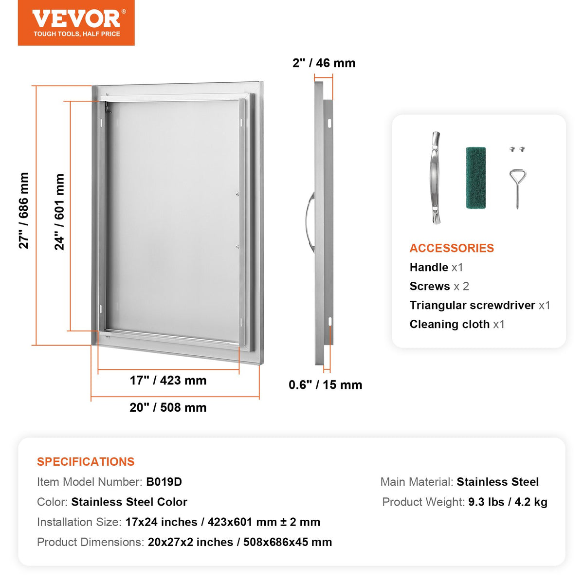 VEVOR BBQ Access Door, 20W x 27H Inch Single Outdoor Kitchen Door, Stainless Steel Flush Mount Door, Wall Vertical Door with Handle, for BBQ Island, Grilling Station, Outside Cabinet - DMMBSCJMYS20IJMLFV0 - view 8