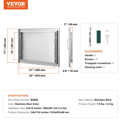 VEVOR BBQ Access Door, 24W x 17H Inch Single Outdoor Kitchen Door, Stainless Steel Flush Mount Door, Wall Vertical Door with Handle, for BBQ Island, Grilling Station, Outside Cabinet - DMMBSCJMYS24LQ87IV0 - view 8