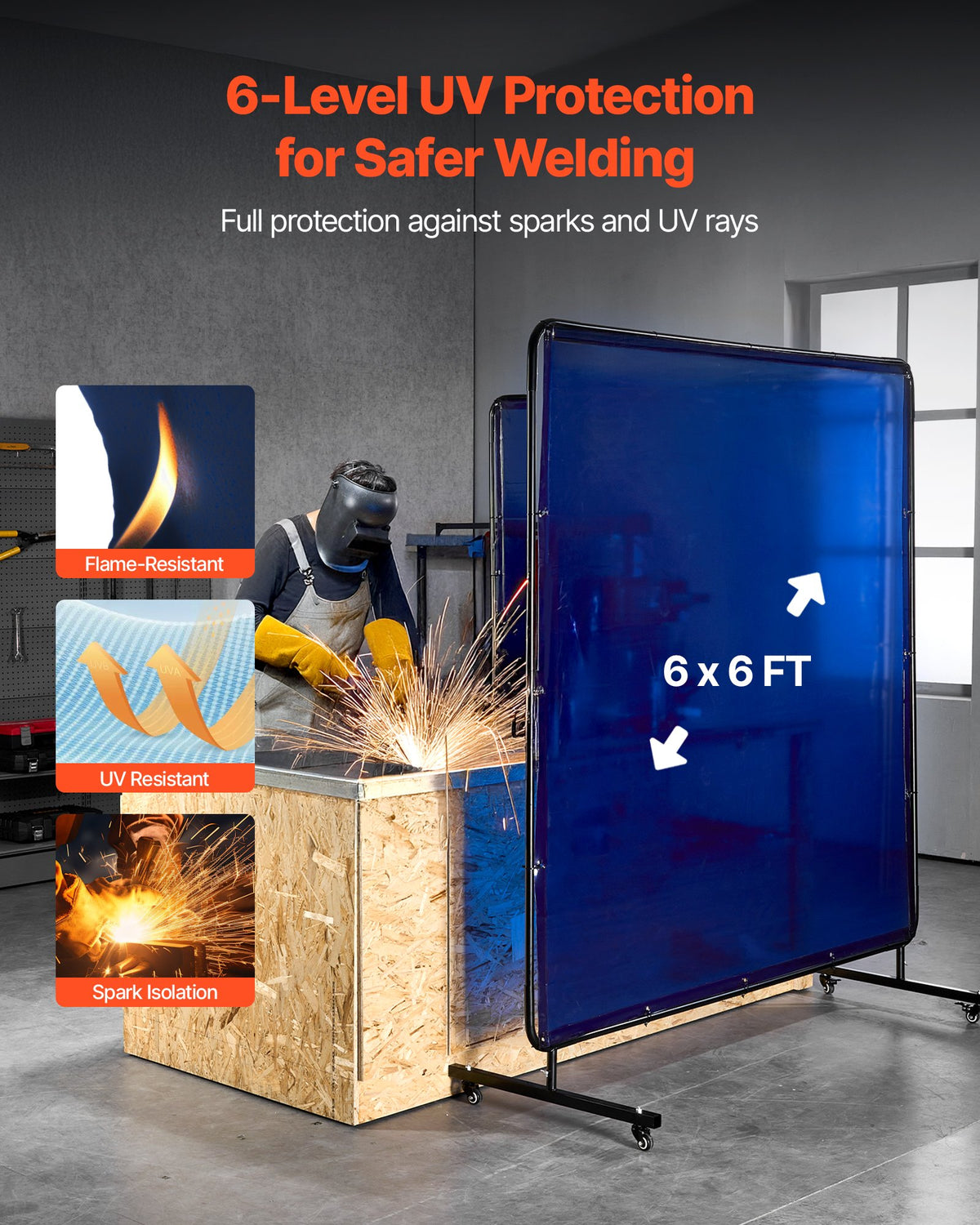 VEVOR Welding Screen with Frame, 6 x 6 FT Welding Curtain Screen, Flame-Resistant Vinyl Safety Protection Screens with Lockable Swivel Wheels & 6-Level UV Protection for Workshop/Industrial Use, Blue - DMPF1JZ66FTYYDKKS001V0 - view 3
