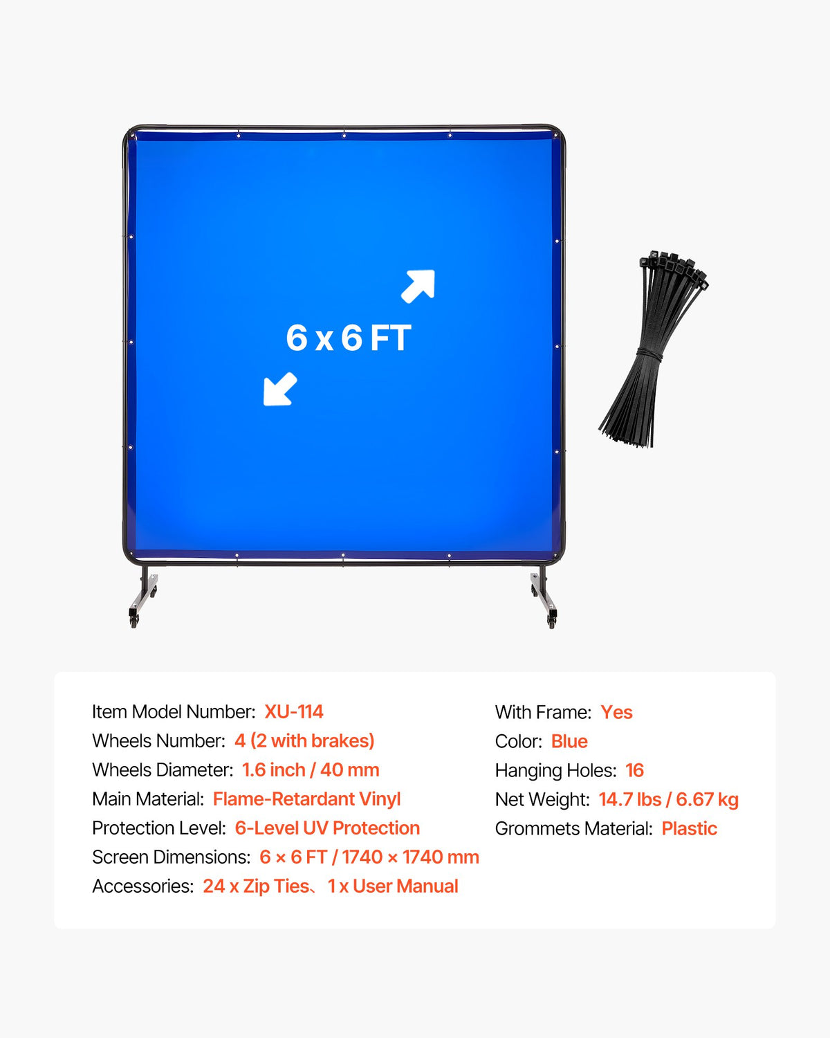 VEVOR Welding Screen with Frame, 6 x 6 FT Welding Curtain Screen, Flame-Resistant Vinyl Safety Protection Screens with Lockable Swivel Wheels & 6-Level UV Protection for Workshop/Industrial Use, Blue - DMPF1JZ66FTYYDKKS001V0 - view 8