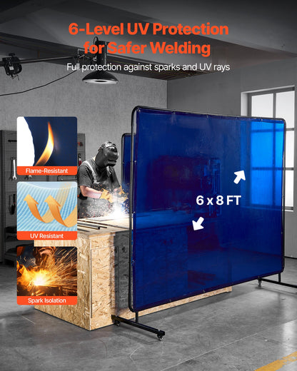 VEVOR Welding Screen with Frame, 6 x 8 FT Welding Curtain Screen, Flame-Resistant Vinyl Safety Protection Screens with Lockable Swivel Wheels & 6-Level UV Protection for Workshop/Industrial Use, Blue - DMPF1JZ68FTYFQJGS001V0 - view 3
