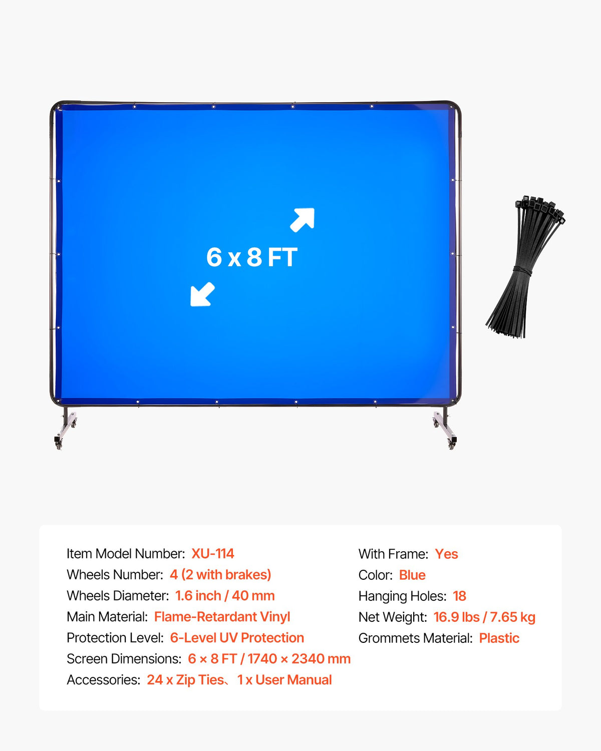 VEVOR Welding Screen with Frame, 6 x 8 FT Welding Curtain Screen, Flame-Resistant Vinyl Safety Protection Screens with Lockable Swivel Wheels & 6-Level UV Protection for Workshop/Industrial Use, Blue - DMPF1JZ68FTYFQJGS001V0 - view 8