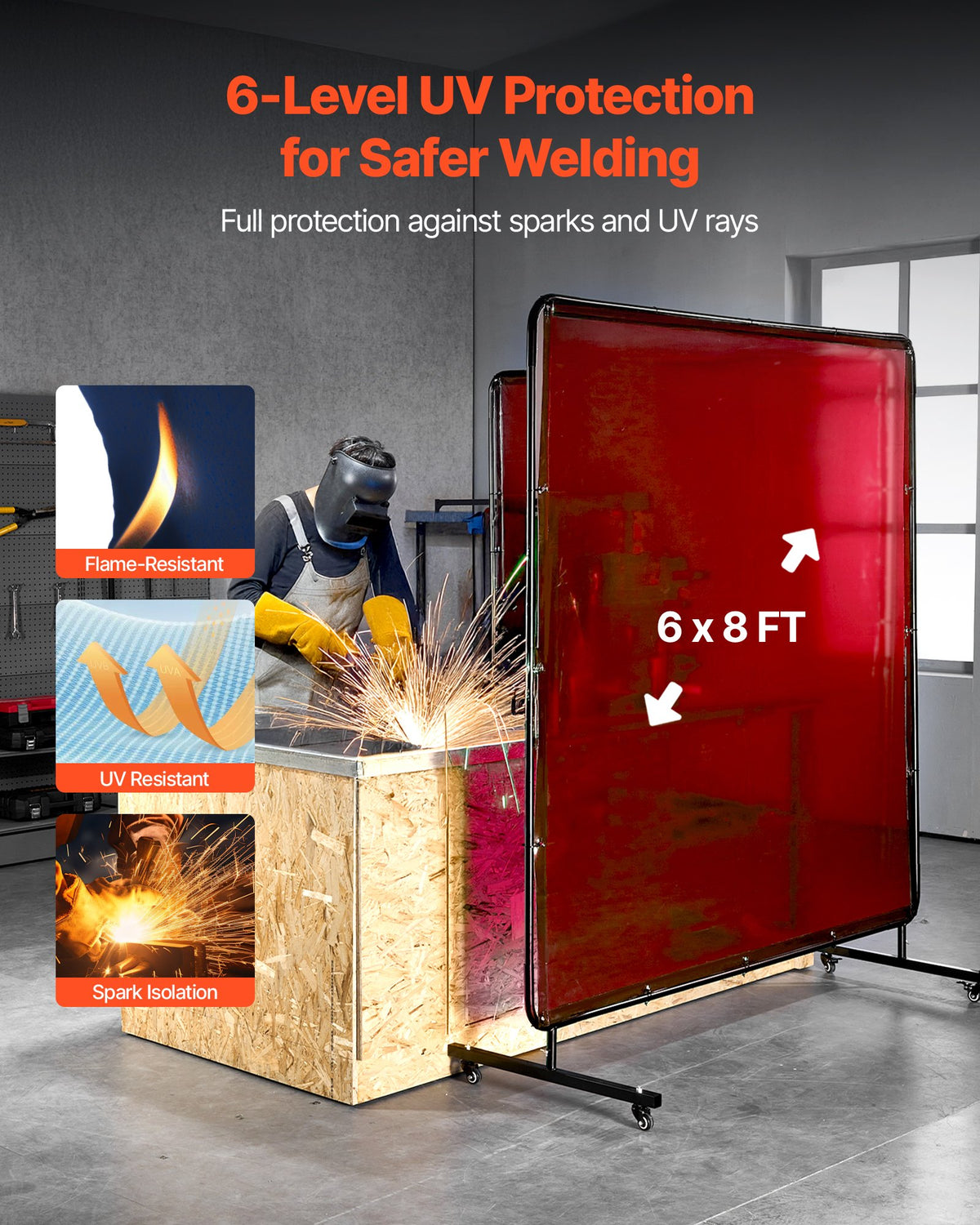 VEVOR 2PCS Welding Curtains, 6 x 8FT Welding Screen Curtain, Flame-Resistant Vinyl Safety Protective Screen with 6-Level UV Protection & Hanging Holes, Portable for Workshop/Industrial Use, Red - DMPF2JZ68FTWX6VDE001V0 - view 3