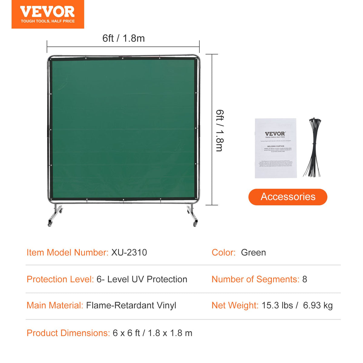 VEVOR Welding Screen with Frame, 6' x 6' Welding Curtain Screen, Flame-Resistant Vinyl Welding Protection Screen on 4 Swivel Wheels (2 Lockable), Moveable & Professional for Workshop/Industrial, Green - DMSHJPF6X6YC3B64MV0 - view 8