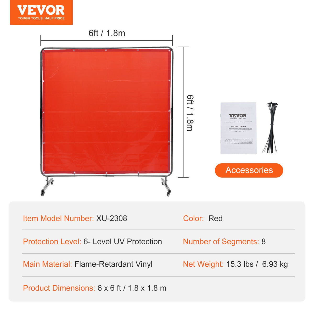 VEVOR Welding Screen with Frame, 6' x 6' Welding Curtain Screen, Flame-Resistant Vinyl Welding Protection Screen on 4 Swivel Wheels (2 Lockable), Moveable & Professional for Workshop/Industrial, Red - DMSHJPF6X6YCSUE9VV0 - view 8