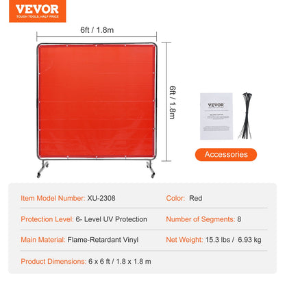 VEVOR Welding Screen with Frame, 6' x 6' Welding Curtain Screen, Flame-Resistant Vinyl Welding Protection Screen on 4 Swivel Wheels (2 Lockable), Moveable & Professional for Workshop/Industrial, Red - DMSHJPF6X6YCSUE9VV0 - view 8