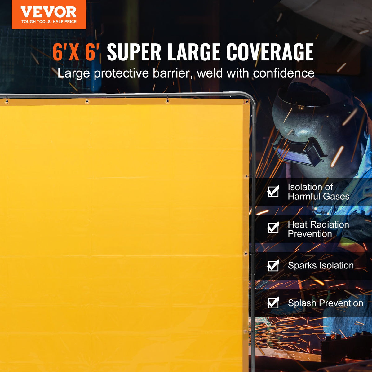 VEVOR Welding Screen with Frame, 6' x 6' Welding Curtain Screen, Flame-Resistant Vinyl Welding Protection Screen on 4 Swivel Wheel (2 Lockable), Moveable & Professional for Workshop/Industrial, Yellow - DMSHJPF6X6YCWE2S4V0 - view 3