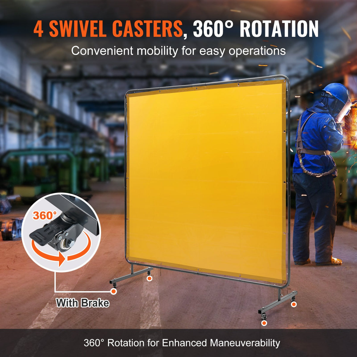 VEVOR Welding Screen with Frame, 6' x 6' Welding Curtain Screen, Flame-Resistant Vinyl Welding Protection Screen on 4 Swivel Wheel (2 Lockable), Moveable & Professional for Workshop/Industrial, Yellow - DMSHJPF6X6YCWE2S4V0 - view 4