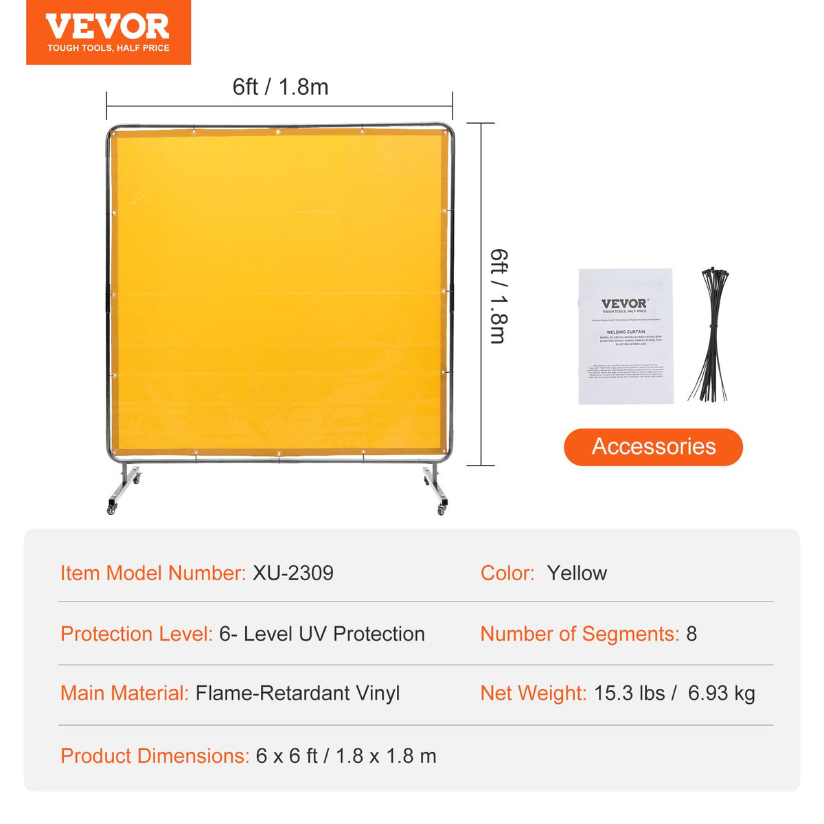 VEVOR Welding Screen with Frame, 6' x 6' Welding Curtain Screen, Flame-Resistant Vinyl Welding Protection Screen on 4 Swivel Wheel (2 Lockable), Moveable & Professional for Workshop/Industrial, Yellow - DMSHJPF6X6YCWE2S4V0 - view 8