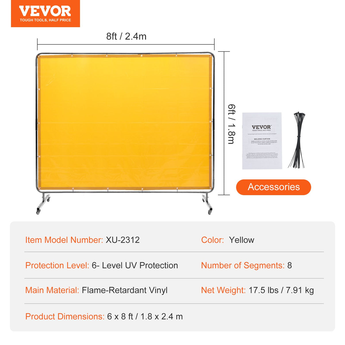 VEVOR Welding Screen with Frame, 6' x 8' Welding Curtain Screen, Flame-Resistant Vinyl Welding Protection Screen on 4 Swivel Wheel (2 Lockable), Moveable & Professional for Workshop/Industrial, Yellow - DMSHJPF6X8YC6Z0XNV0 - view 8