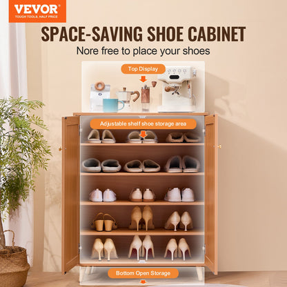 VEVOR Rattan Shoe Cabinet, 5 Tiers Shoe Storage Organizer with 2 Doors and Adjustable Shelves, 40.35" Tall Rattan Shoe Storage Entryway Cabinet Ideal for Entryway, Closet, Hallway, Light Wood Color - DMTBXJ2M293718WI7V0 - view 3