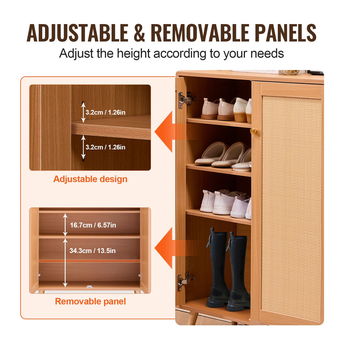 VEVOR Rattan Shoe Cabinet, 5 Tiers Shoe Storage Organizer with 2 Doors and Adjustable Shelves, 40.35" Tall Rattan Shoe Storage Entryway Cabinet Ideal for Entryway, Closet, Hallway, Light Wood Color - DMTBXJ2M293718WI7V0 - view 4