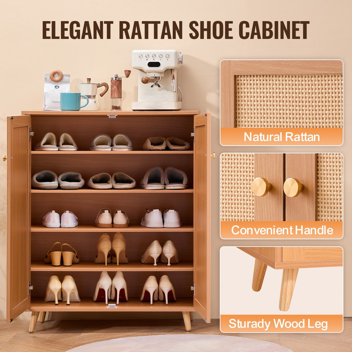 VEVOR Rattan Shoe Cabinet, 5 Tiers Shoe Storage Organizer with 2 Doors and Adjustable Shelves, 40.35" Tall Rattan Shoe Storage Entryway Cabinet Ideal for Entryway, Closet, Hallway, Light Wood Color - DMTBXJ2M293718WI7V0 - view 7