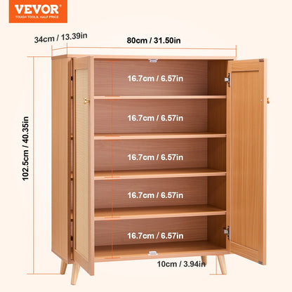 VEVOR Rattan Shoe Cabinet, 5 Tiers Shoe Storage Organizer with 2 Doors and Adjustable Shelves, 40.35" Tall Rattan Shoe Storage Entryway Cabinet Ideal for Entryway, Closet, Hallway, Light Wood Color - DMTBXJ2M293718WI7V0 - view 8