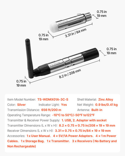 VEVOR DMX Wireless Receiver, 3 Receivers & 1 Transmitter, 2.4G ISM Band, 656 ft Transmission Range, with Bag and Adapter, Wireless Stage Lighting Control, for LED Stage Party DJ Bar Lighting, Silver - DMXWXJSQFSJSF91ZTV1 - view 8