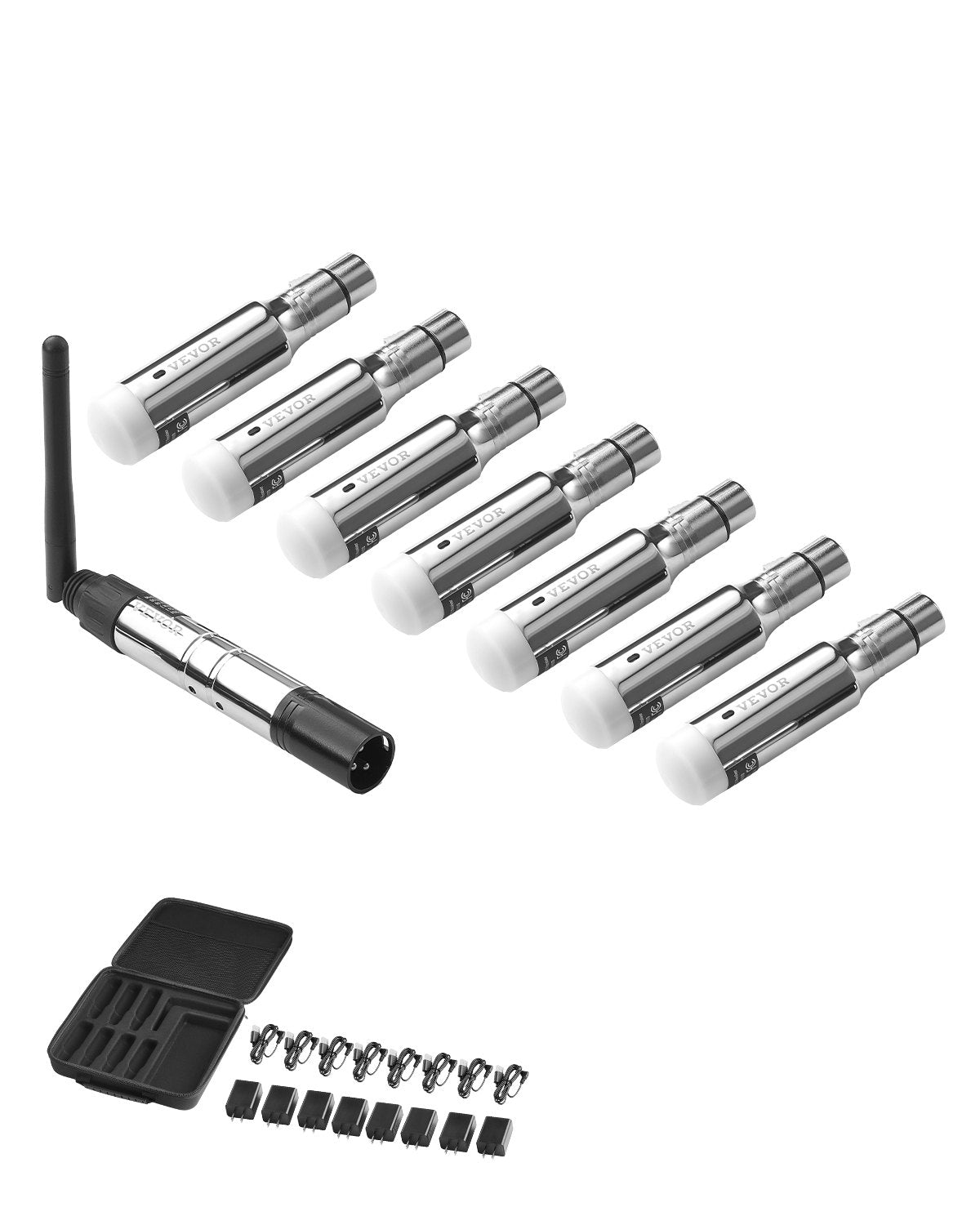 VEVOR DMX Wireless Receiver, 7 Receivers & 1 Transmitter, 2.4G ISM Band, 656 ft Transmission Range, Rechargeable Battery, Wireless Stage Lighting Control, for LED Stage Party DJ Bar Lighting, Silver - DMXWXJSQFSJSMXOL2V1 - view 1