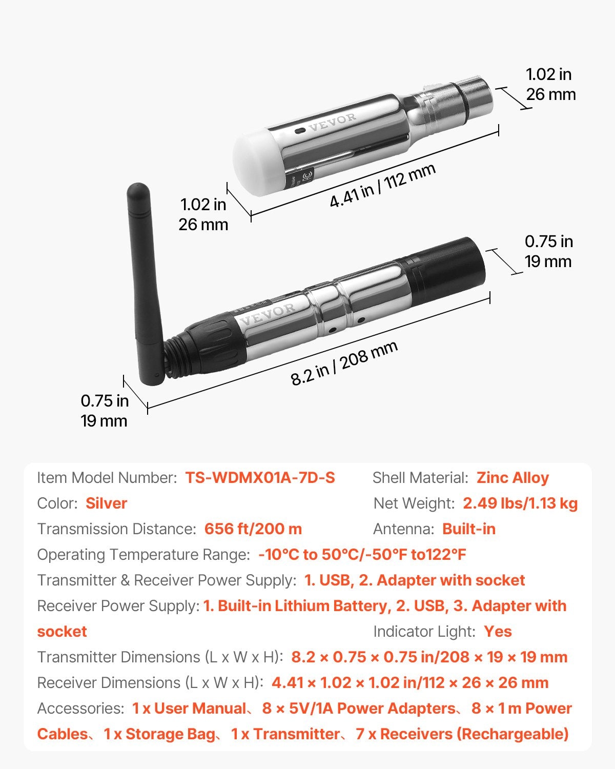 VEVOR DMX Wireless Receiver, 7 Receivers & 1 Transmitter, 2.4G ISM Band, 656 ft Transmission Range, Rechargeable Battery, Wireless Stage Lighting Control, for LED Stage Party DJ Bar Lighting, Silver - DMXWXJSQFSJSMXOL2V1 - view 8