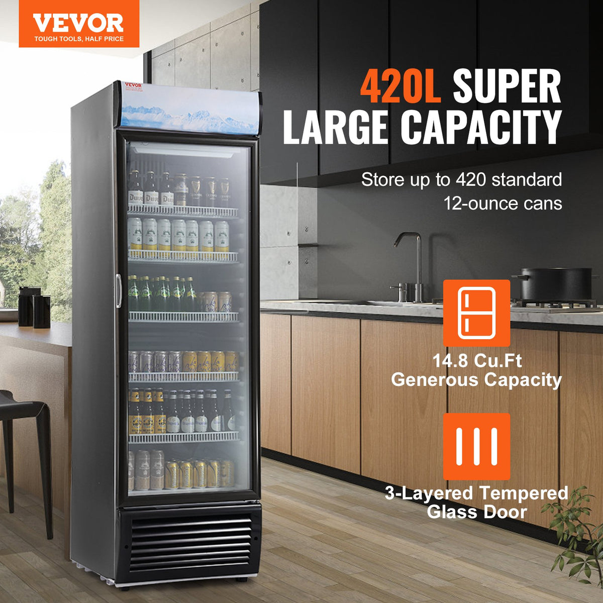 VEVOR Commercial Merchandiser Refrigerator, 14.8 Cu.Ft / 420L Beverage Refrigerator Cooler Merchandiser, Glass Door Display Refrigerator Upright Fridge with 5 Adjustable Shelves, Customizable Lightbox - DMYLZSBX148C6X3QNV1 - view 3