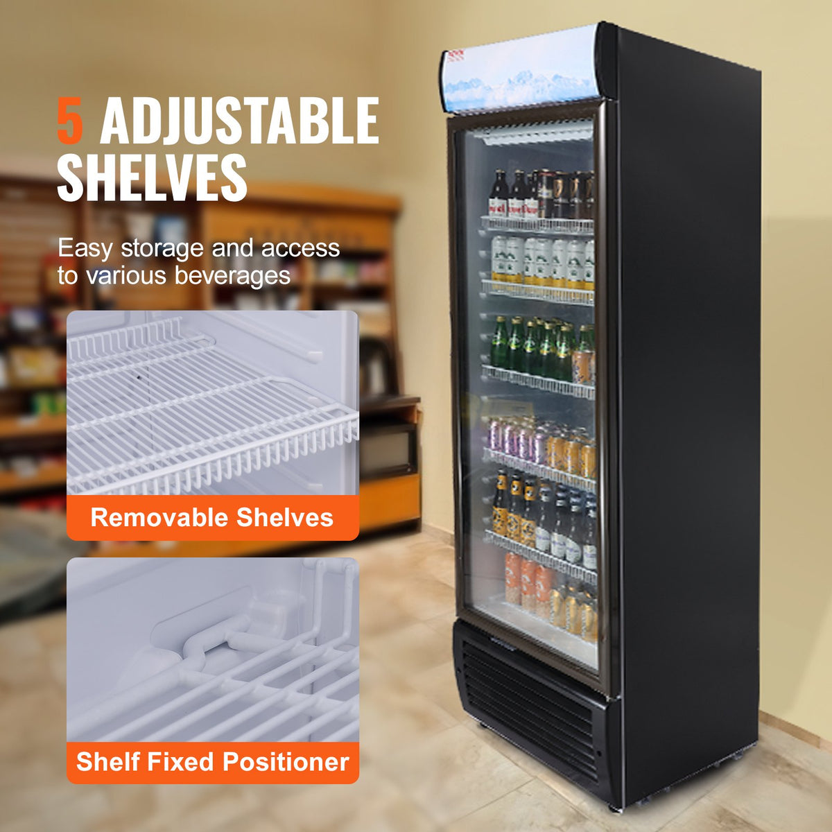 VEVOR Commercial Merchandiser Refrigerator, 14.8 Cu.Ft / 420L Beverage Refrigerator Cooler Merchandiser, Glass Door Display Refrigerator Upright Fridge with 5 Adjustable Shelves, Customizable Lightbox - DMYLZSBX148C6X3QNV1 - view 4