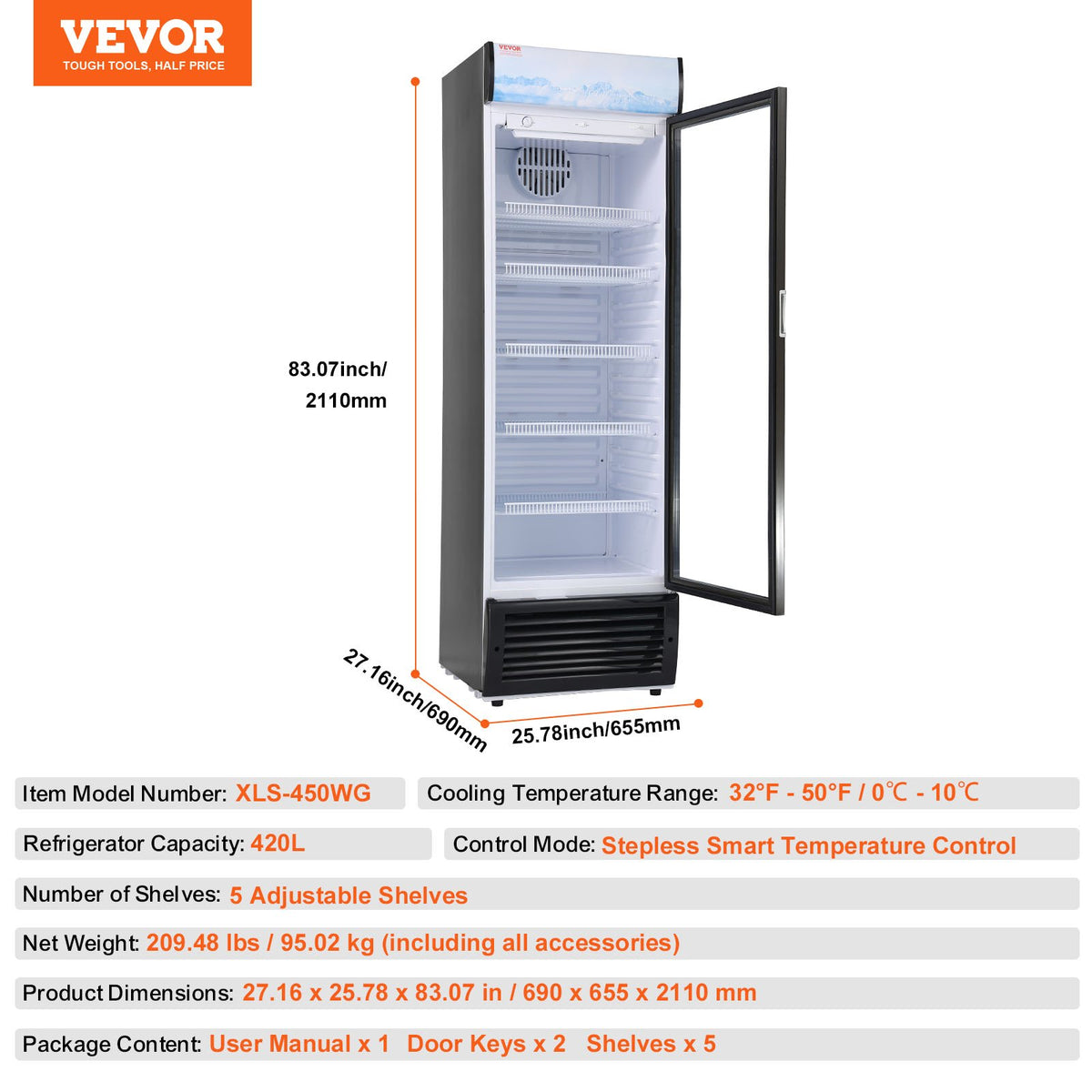 VEVOR Commercial Merchandiser Refrigerator, 14.8 Cu.Ft / 420L Beverage Refrigerator Cooler Merchandiser, Glass Door Display Refrigerator Upright Fridge with 5 Adjustable Shelves, Customizable Lightbox - DMYLZSBX148C6X3QNV1 - view 8