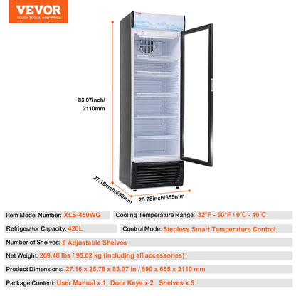 VEVOR Commercial Merchandiser Refrigerator, 14.8 Cu.Ft / 420L Beverage Refrigerator Cooler Merchandiser, Glass Door Display Refrigerator Upright Fridge with 5 Adjustable Shelves, Customizable Lightbox - DMYLZSBX148C6X3QNV1 - view 8