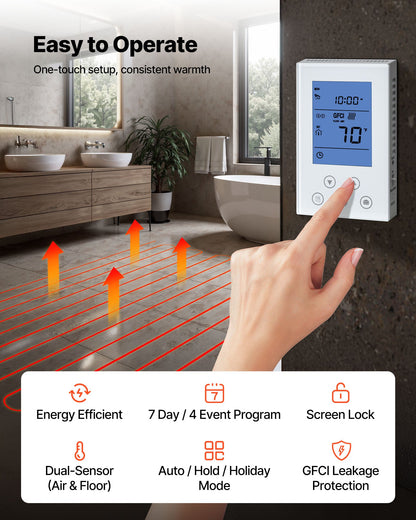 VEVOR 50 sqft Underfloor Heating Cable Kit, 120V Electric Radiant Heated Floor System, with Smart Control Thermostat & Alarm, Easy Installation for Tile, Stone, Vinyl, Home Improvement - DNJRXLTJHCMPKBGS8001V6 - view 5
