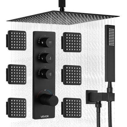 VEVOR Shower Faucet Set, 16 Inch Thermostatic Ceiling Mount Rainfall Shower System with 6 Body Jets and Handheld Spray, Rotatable 3-Function Rain Head Complete Brass Valve and Trim Kit, Matte Black - DPBPHSPHSTZX9PG8O001V0 - view 1