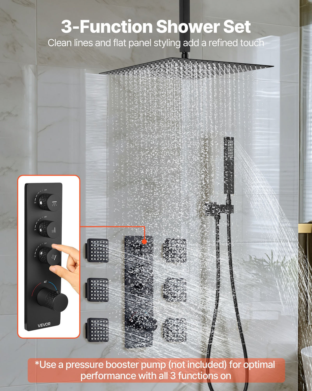 VEVOR Shower Faucet Set, 16 Inch Thermostatic Ceiling Mount Rainfall Shower System with 6 Body Jets and Handheld Spray, Rotatable 3-Function Rain Head Complete Brass Valve and Trim Kit, Matte Black - DPBPHSPHSTZX9PG8O001V0 - view 3