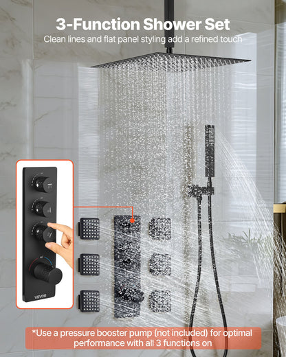 VEVOR Shower Faucet Set, 16 Inch Thermostatic Ceiling Mount Rainfall Shower System with 6 Body Jets and Handheld Spray, Rotatable 3-Function Rain Head Complete Brass Valve and Trim Kit, Matte Black - DPBPHSPHSTZX9PG8O001V0 - view 3