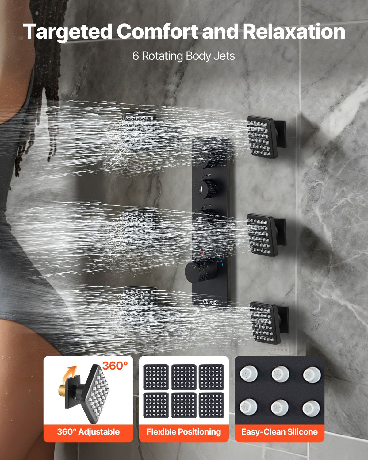 VEVOR Shower Faucet Set, 16 Inch Thermostatic Ceiling Mount Rainfall Shower System with 6 Body Jets and Handheld Spray, Rotatable 3-Function Rain Head Complete Brass Valve and Trim Kit, Matte Black - DPBPHSPHSTZX9PG8O001V0 - view 5