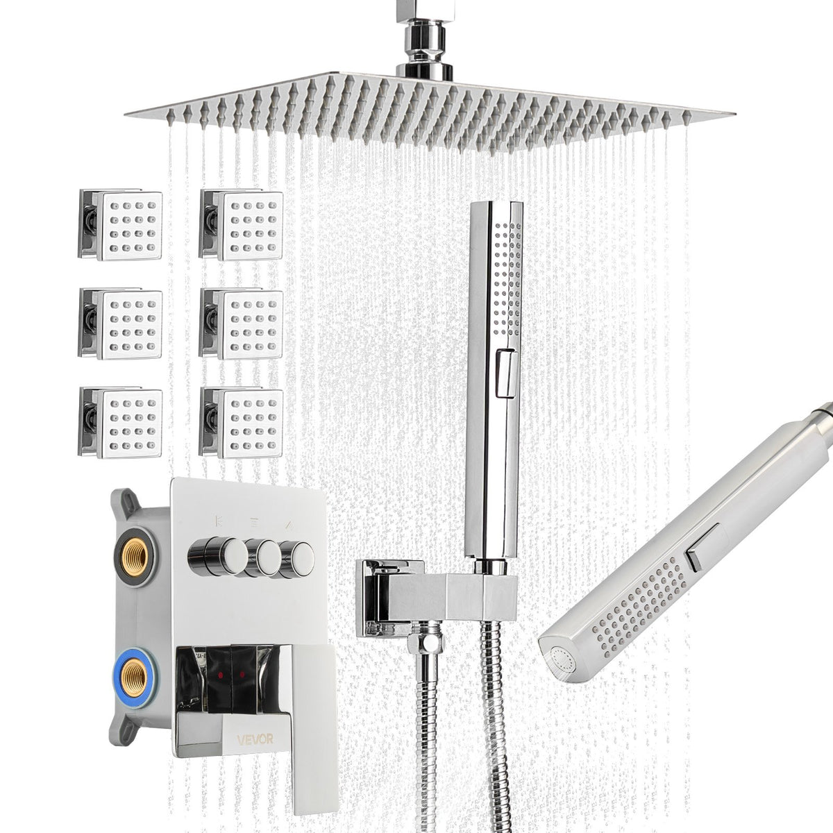 VEVOR Shower Faucet Set, 10 Inch Ceiling Mount Rainfall Shower System with 6 Body Jets and 2 in 1 Handheld Spray, Rotatable 3-Function Rain Head System Set, Complete Brass Valve and Trim Kit, Chrome - DPBPHSPHSTZXYOBAB001V0 - view 1
