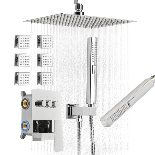 VEVOR Shower Faucet Set, 10 Inch Ceiling Mount Rainfall Shower System with 6 Body Jets and 2 in 1 Handheld Spray, Rotatable 3-Function Rain Head System Set