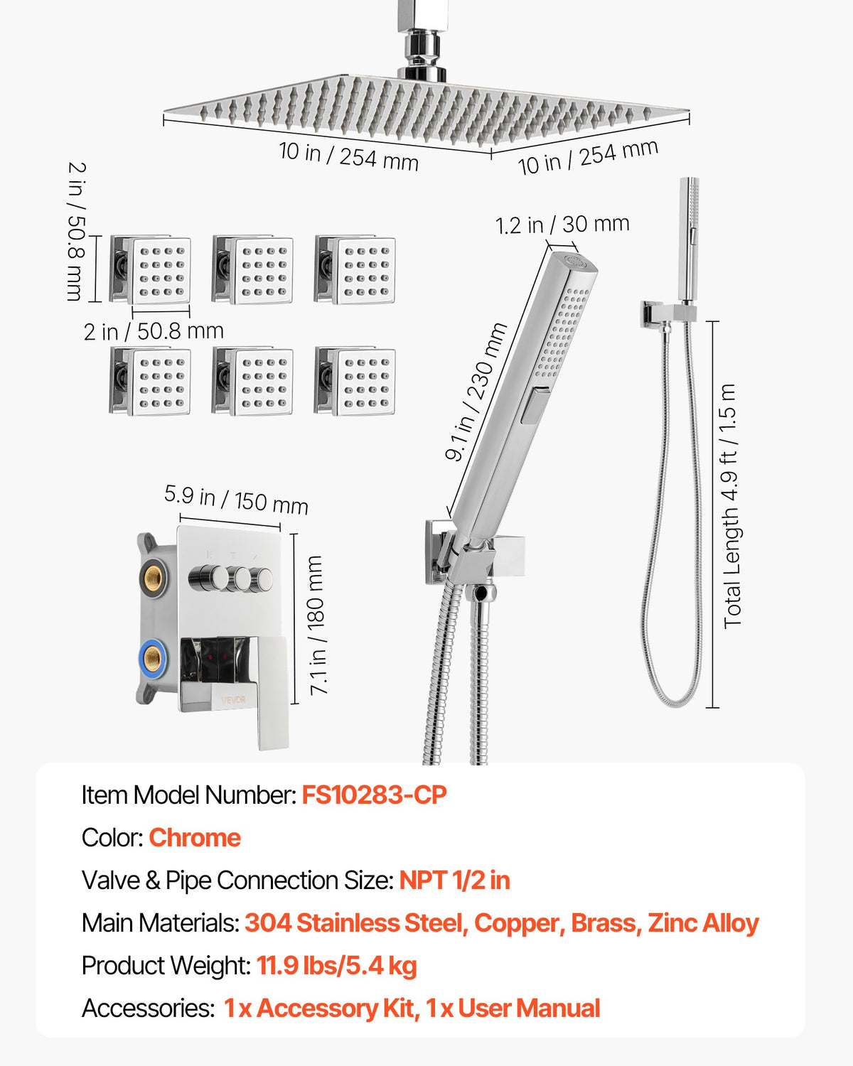 VEVOR Shower Faucet Set, 10 Inch Ceiling Mount Rainfall Shower System with 6 Body Jets and 2 in 1 Handheld Spray, Rotatable 3-Function Rain Head System Set, Complete Brass Valve and Trim Kit, Chrome - DPBPHSPHSTZXYOBAB001V0 - view 8