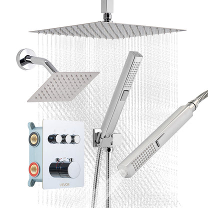 VEVOR Shower Faucet Set, 12 Inch Thermostatic Ceiling Mount Rainfall Shower System with 6 Inch Wall Mount Head and 2 in 1 Handheld Spray, 3-Function Dual Rain Head Brass Valve and Trim Kit, Chrome - DPCPHSPHSTZXA4SHI001V0 - view 1