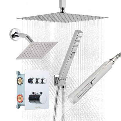 VEVOR Shower Faucet Set, 12 Inch Thermostatic Ceiling Mount Rainfall Shower System with 6 Inch Wall Mount Head and 2 in 1 Handheld Spray, 3-Function Dual Rain Head Brass Valve and Trim Kit, Chrome - DPCPHSPHSTZXA4SHI001V0 - view 2