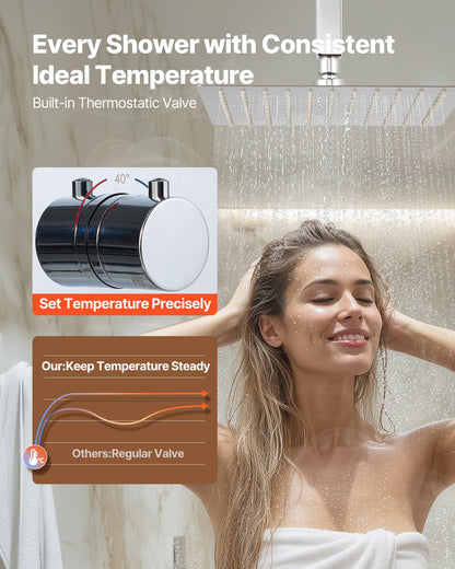 VEVOR Shower Faucet Set, 12 Inch Thermostatic Ceiling Mount Rainfall Shower System with 6 Inch Wall Mount Head and 2 in 1 Handheld Spray, 3-Function Dual Rain Head Brass Valve and Trim Kit, Chrome - DPCPHSPHSTZXA4SHI001V0 - view 4