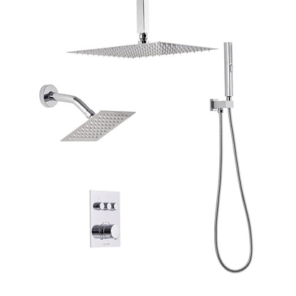 VEVOR Shower Faucet Set, 12 Inch Thermostatic Ceiling Mount Rainfall Shower System with 6 Inch Wall Mount Head and 2 in 1 Handheld Spray, 3-Function Dual Rain Head Brass Valve and Trim Kit, Chrome - DPCPHSPHSTZXA4SHI001V0 - view 10
