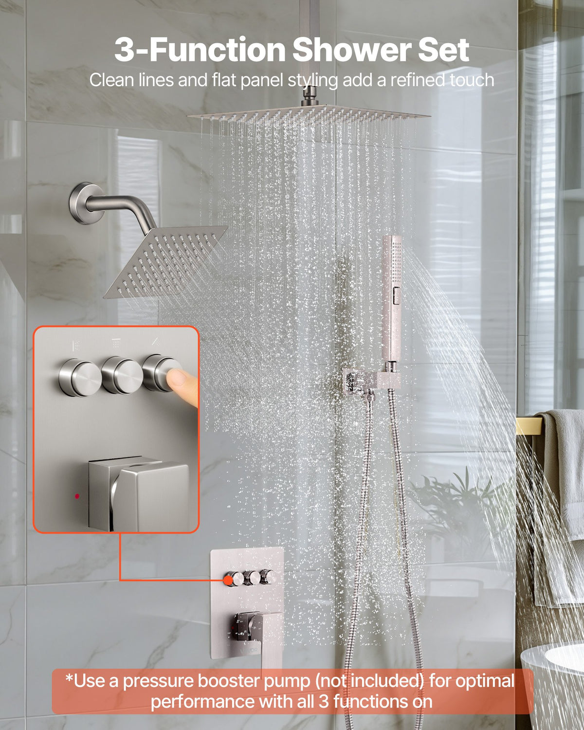 VEVOR Shower Faucet Set, 10 Inch Ceiling Mount Rainfall Shower System with 6 Inch Wall Mount Head and 2 in 1 Handheld Spray, Rotatable 3-Function Dual Rain Head Brass Valve & Trim Kit, Brushed Nickel - DPCPHSPHSTZXDAW4I001V0 - view 3