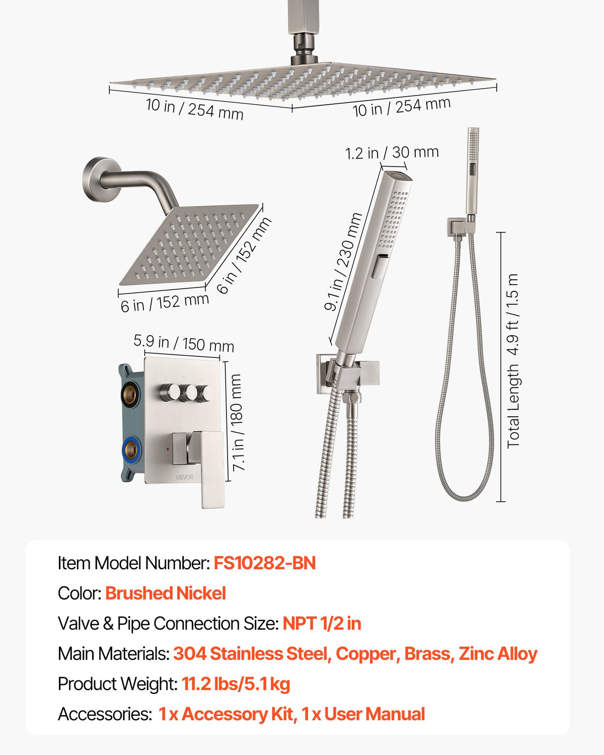 VEVOR Shower Faucet Set, 10 Inch Ceiling Mount Rainfall Shower System with 6 Inch Wall Mount Head and 2 in 1 Handheld Spray, Rotatable 3-Function Dual Rain Head Brass Valve & Trim Kit, Brushed Nickel - DPCPHSPHSTZXDAW4I001V0 - view 8